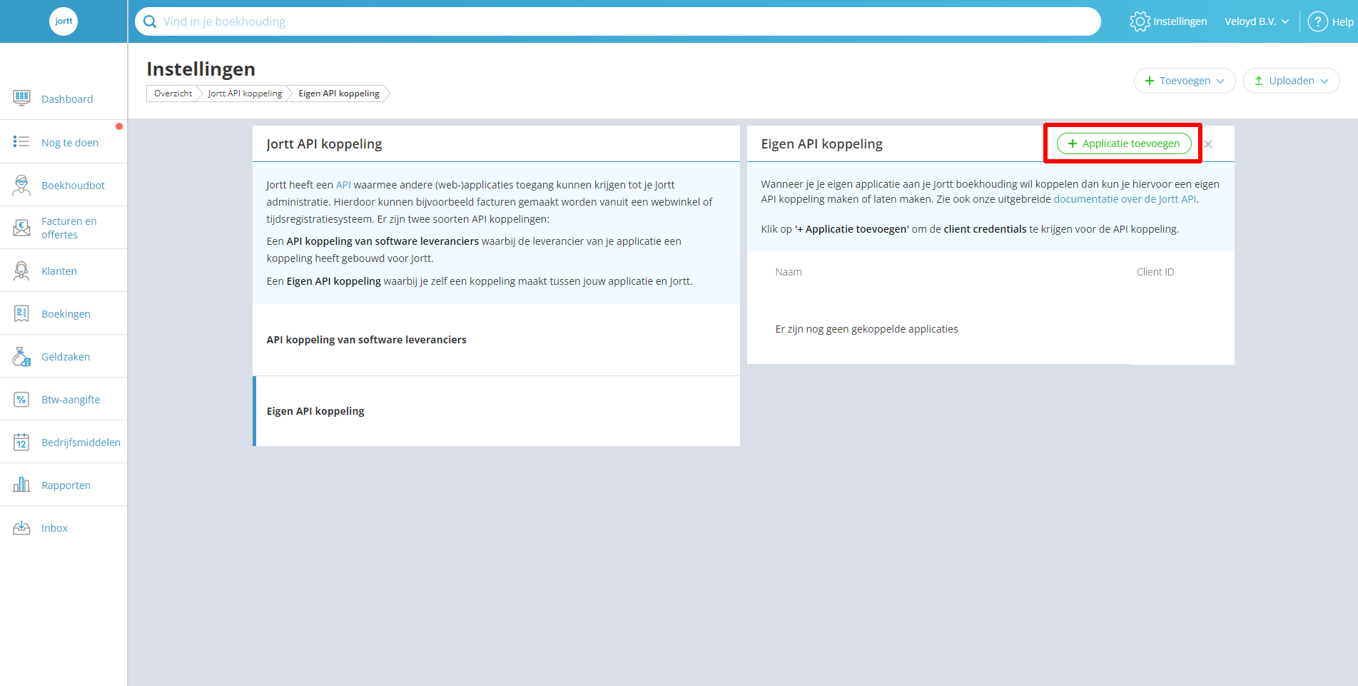 Jortt nieuwe applicatie toevoegen