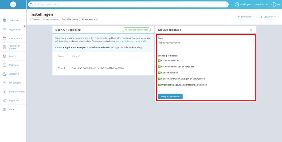Jortt nieuwe applicatie definieren Jortt toekennen permissies