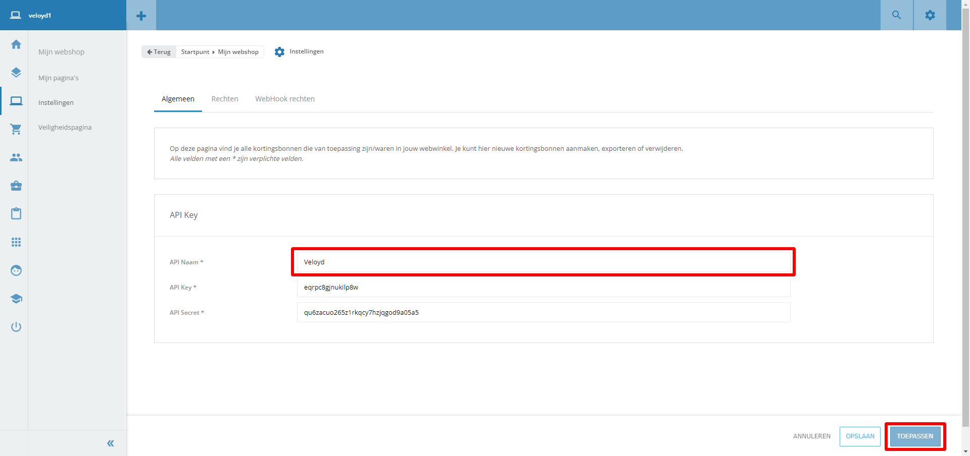 CCV Shop - API key naam