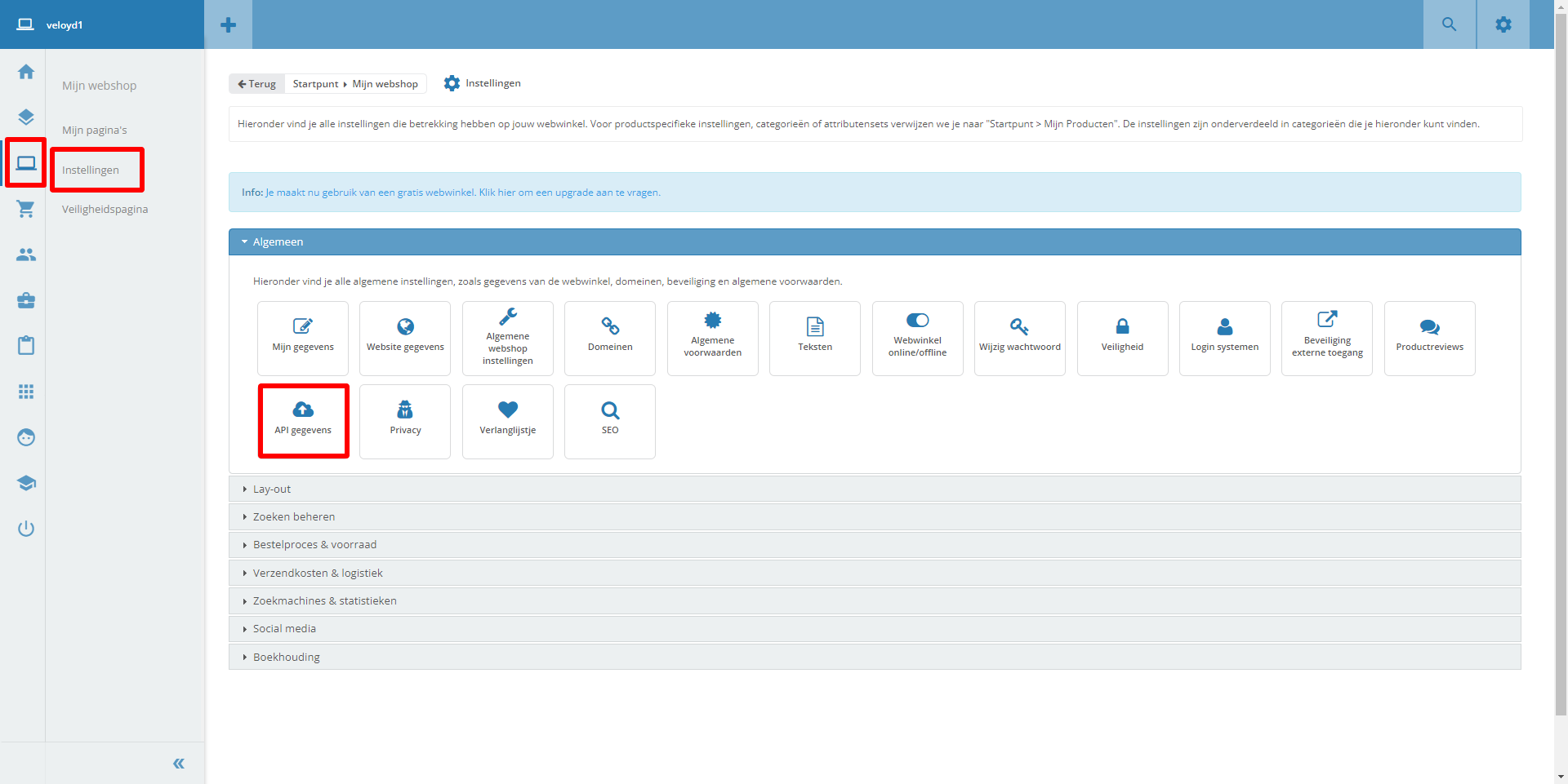CCV Shop - mijn webshop - instellingen - API gegevens