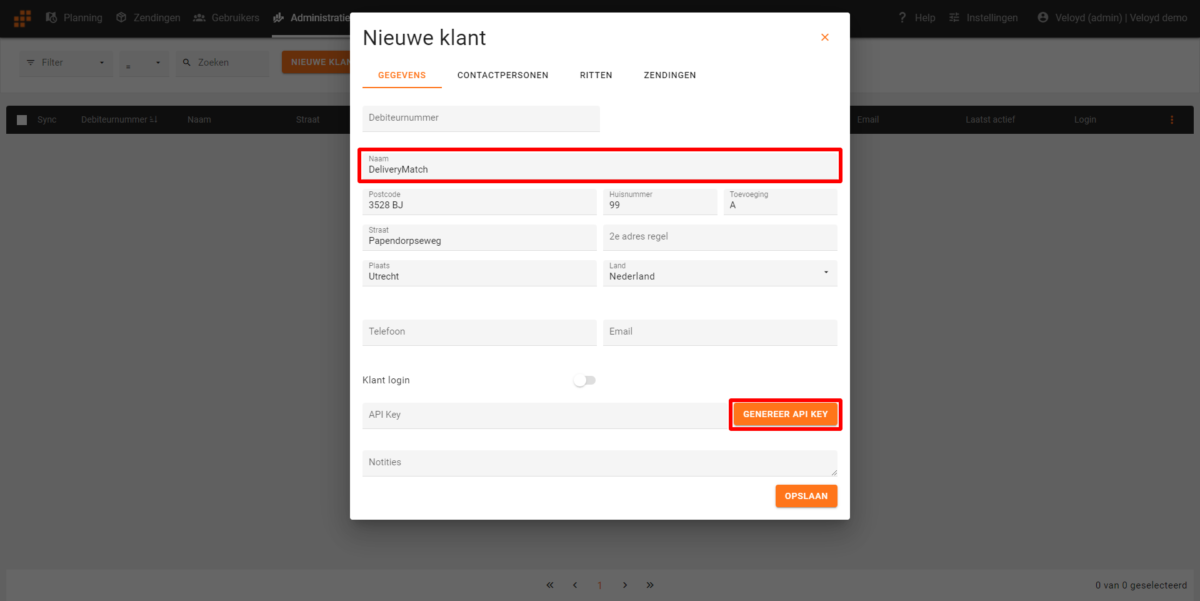 DeliveryMatch als klant aanmaken DeliveryMatch aan Veloyd koppelen