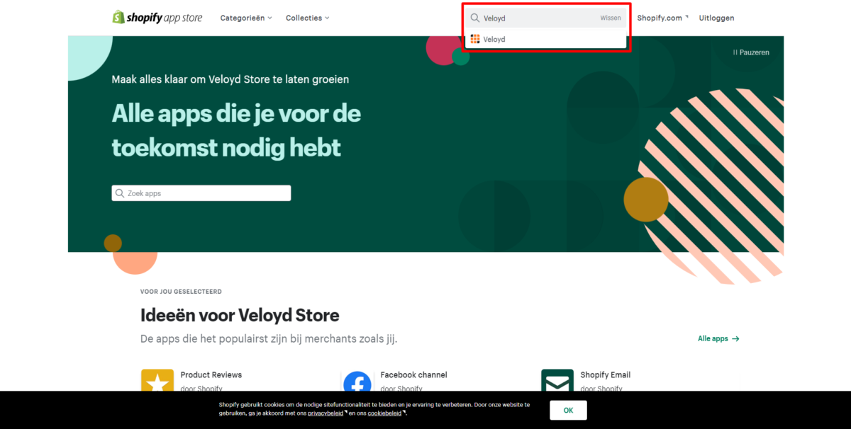 Shopify app store zoek Veloyd app Shopify app store zoek Veloyd app