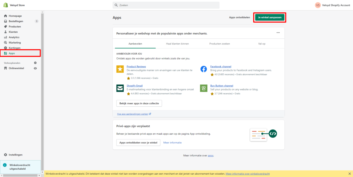 Shopify – Apps Je winkel aanpassen Shopify app toevoegen