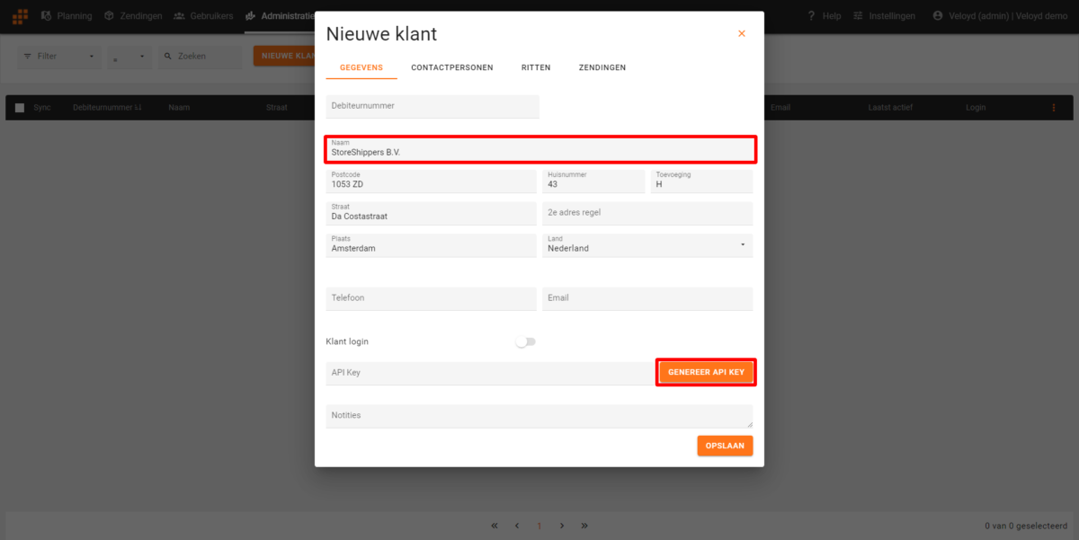 StoreShippers aanmaken als klant en genereren van API key