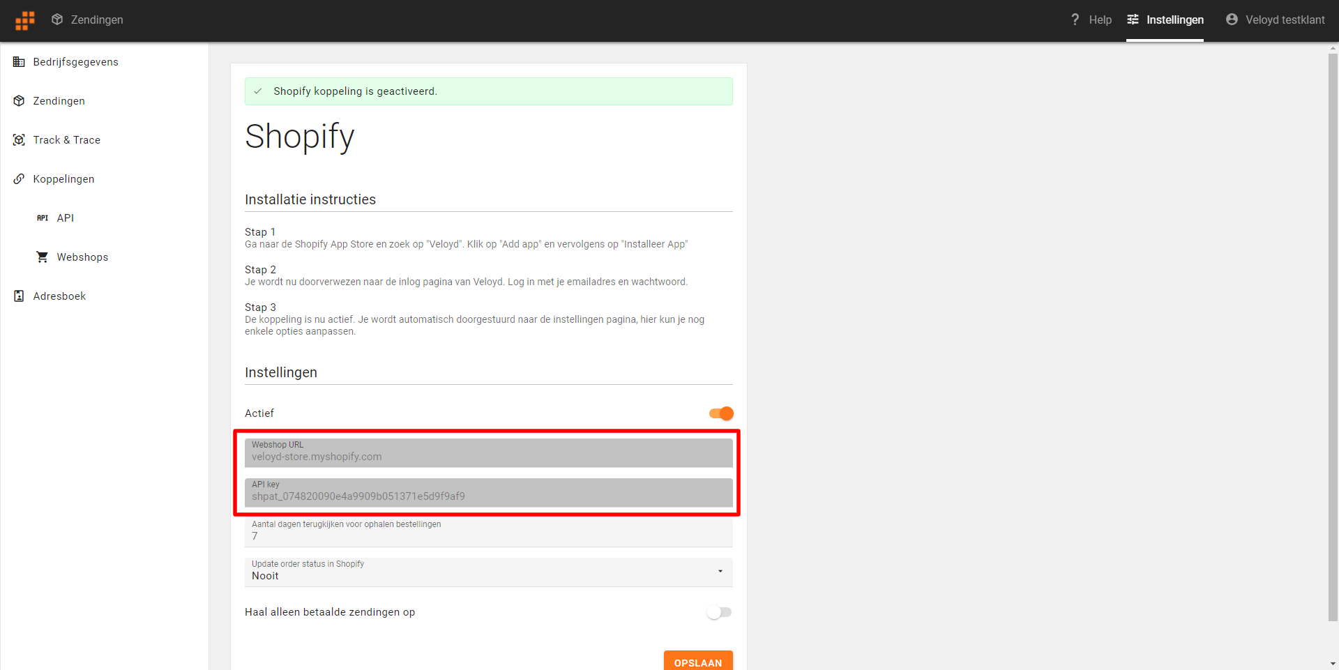 Veloyd Shopify Koppeling actief