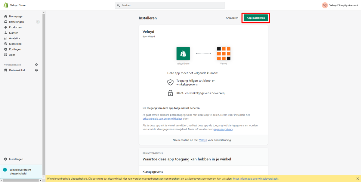 Veloyd-Store-Verifieer-Veloyd-Shopify – App installeren Veloyd Shopify app installeren