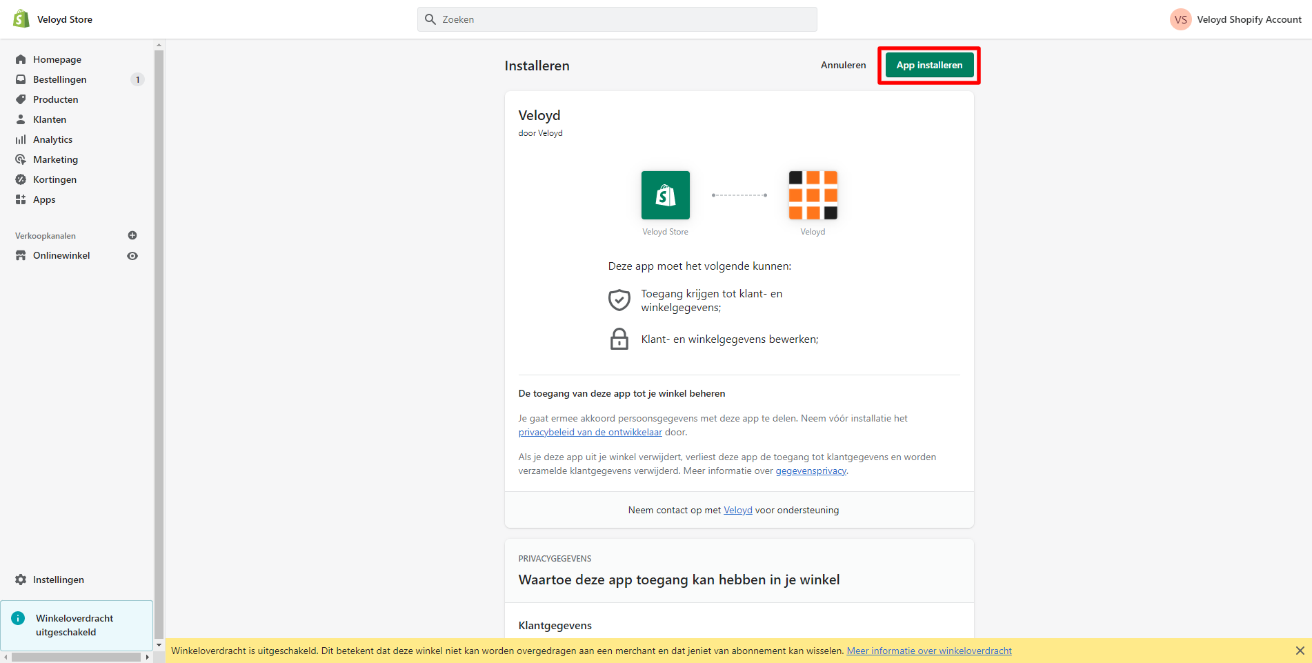 Veloyd Shopify app installeren