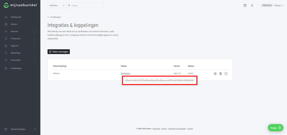 Mijnwebwinkel – toon en kopieer token Mijnwebwinkel - toon en kopieer token