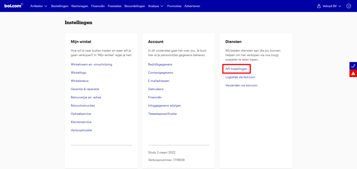 bol com – API instellingen bol com - API instellingen