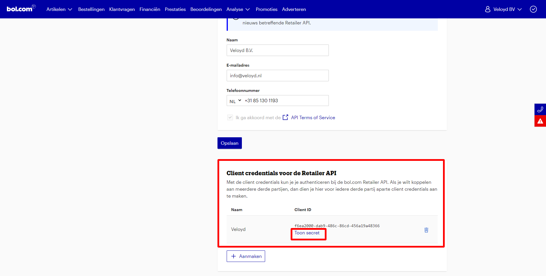 bol com - client ID en secret