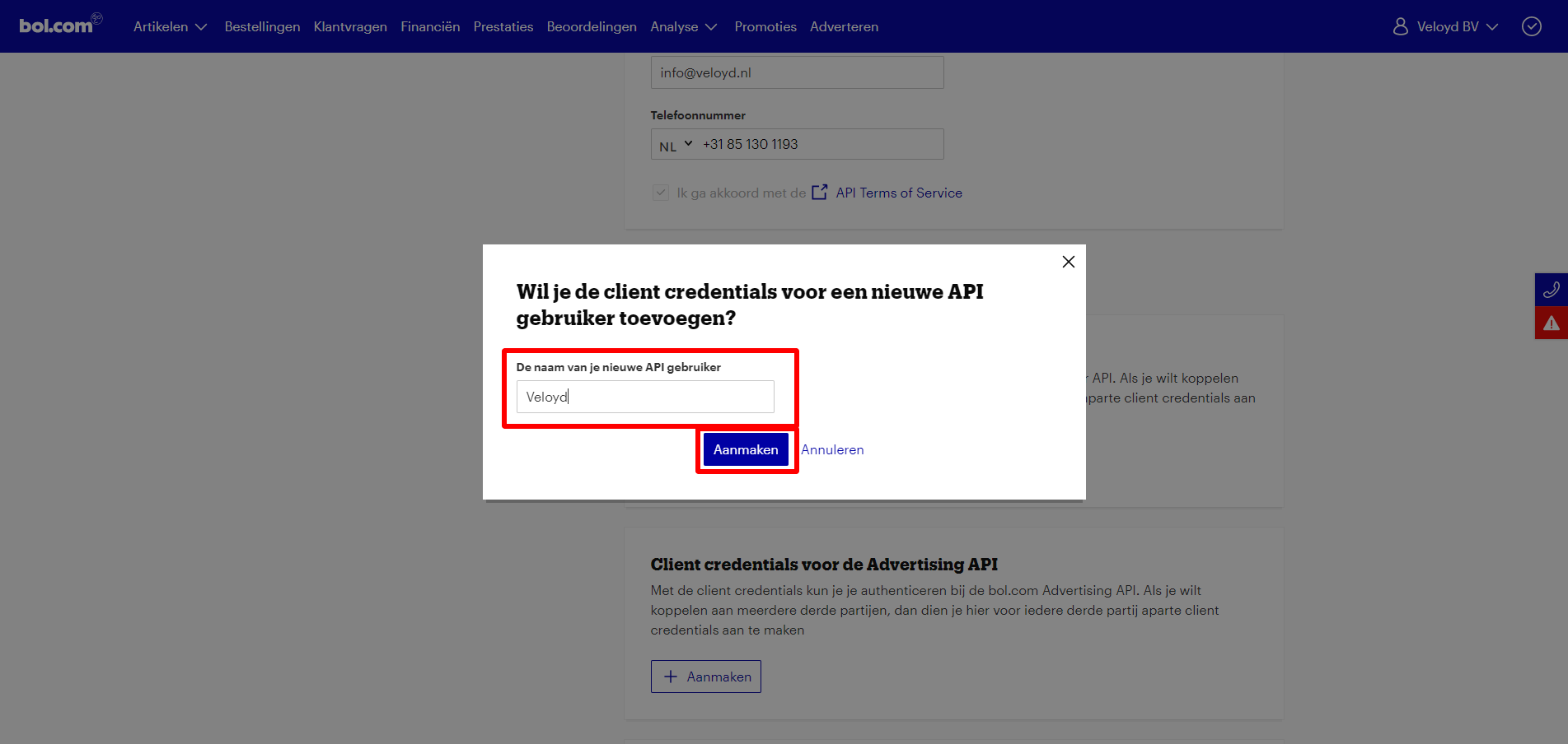 bol com - naam nieuwe API gebruiker