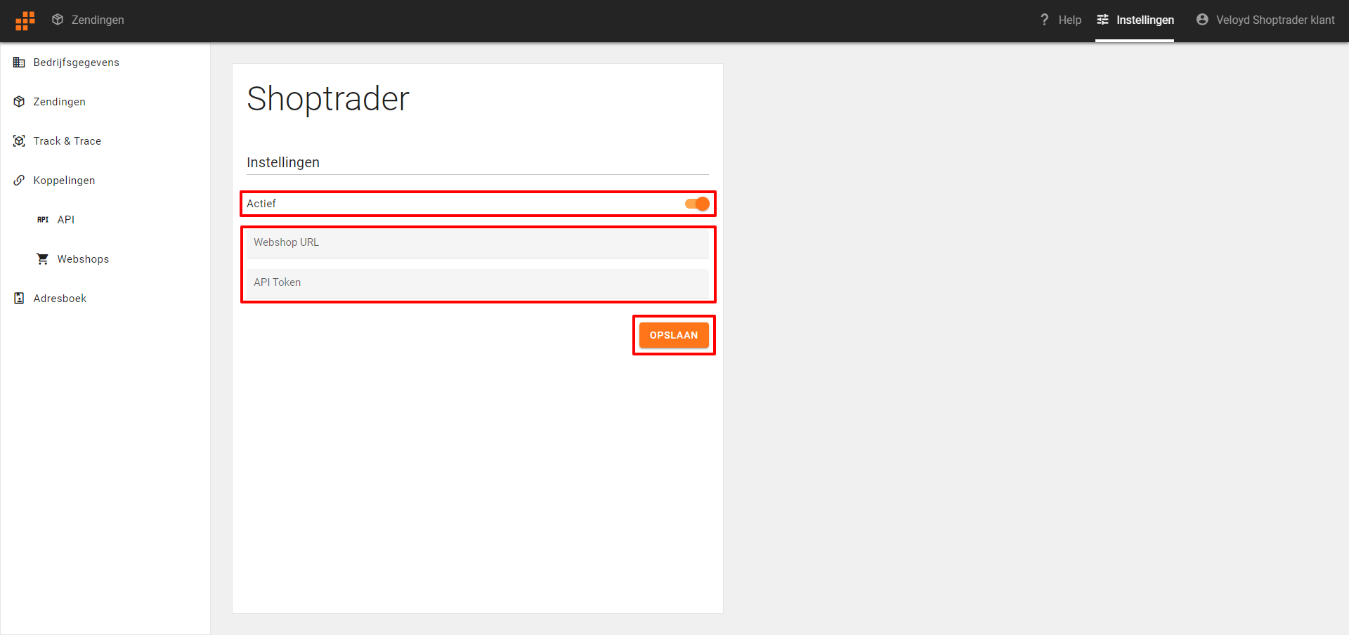Veloyd – Shoptrader Webshop URL en API Token invullen Veloyd - Shoptrader Webshop URL en API Token invullen