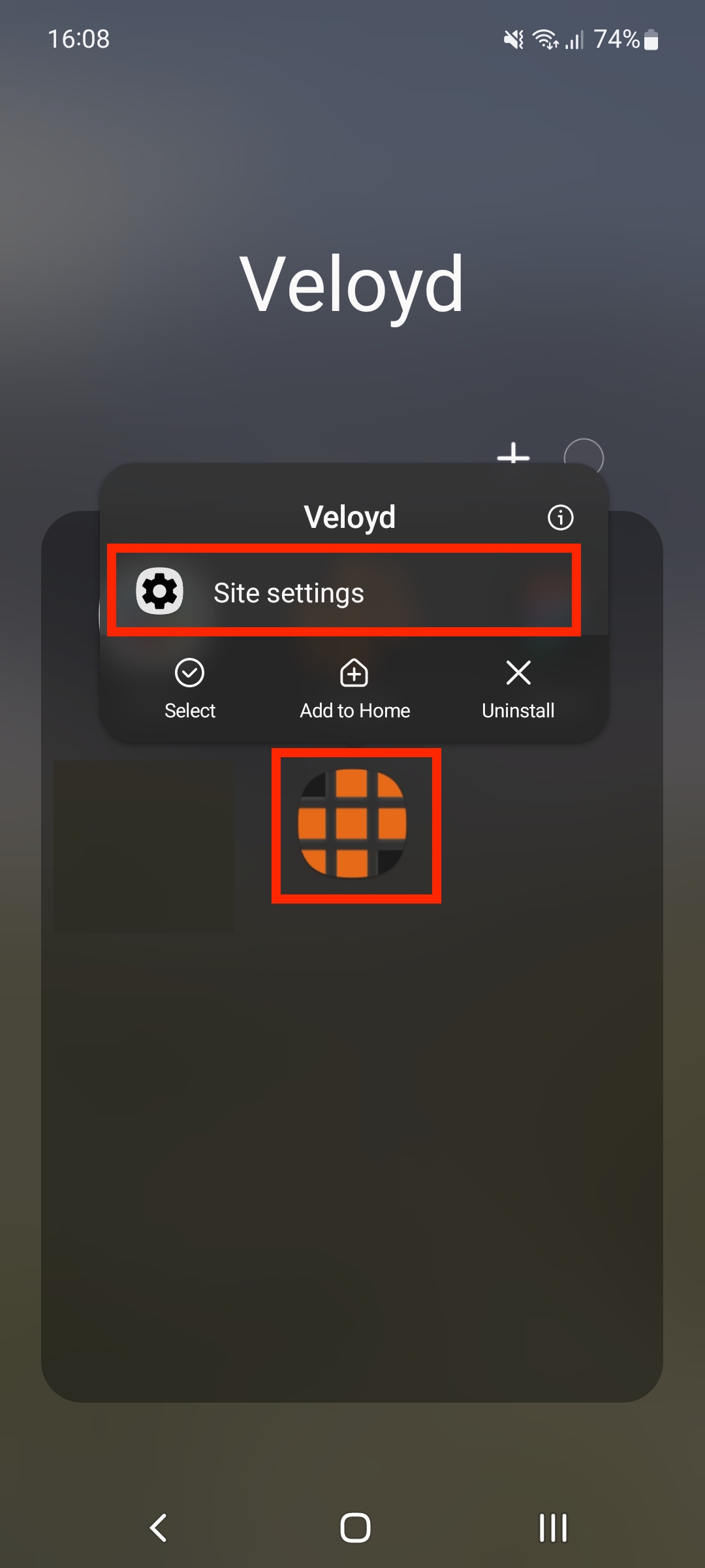 Site settings openen via het app-icoon