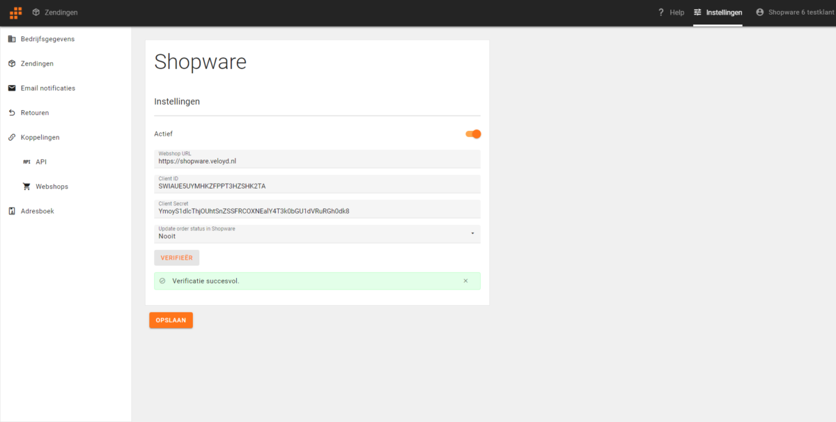 Veloyd koppelen aan Shopware 6 Client ID en Secret invullen en verifieren