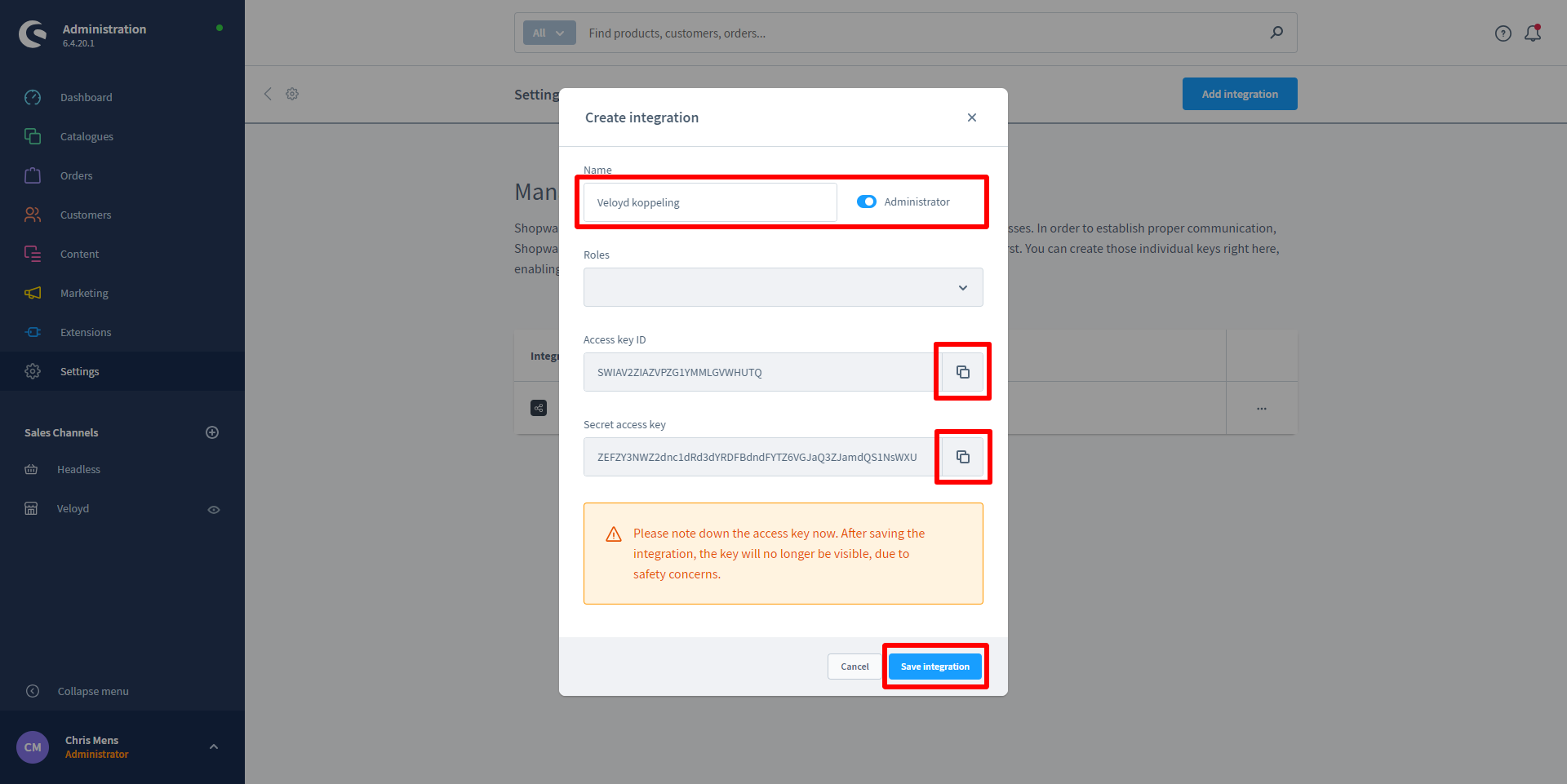 Het scherm in Shopware 6 waarin de Access key ID en het Secret worden gegenereerd