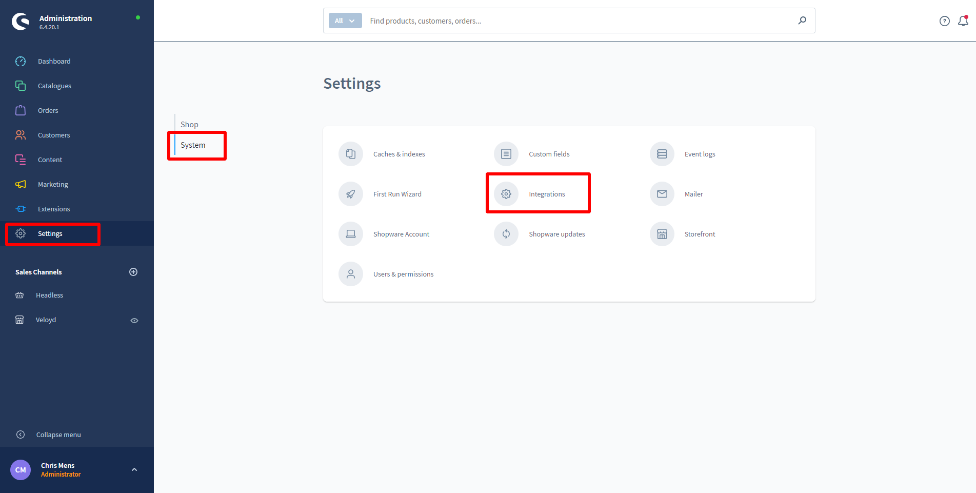 De pagina Settings, System, Integrations in Shopware 6