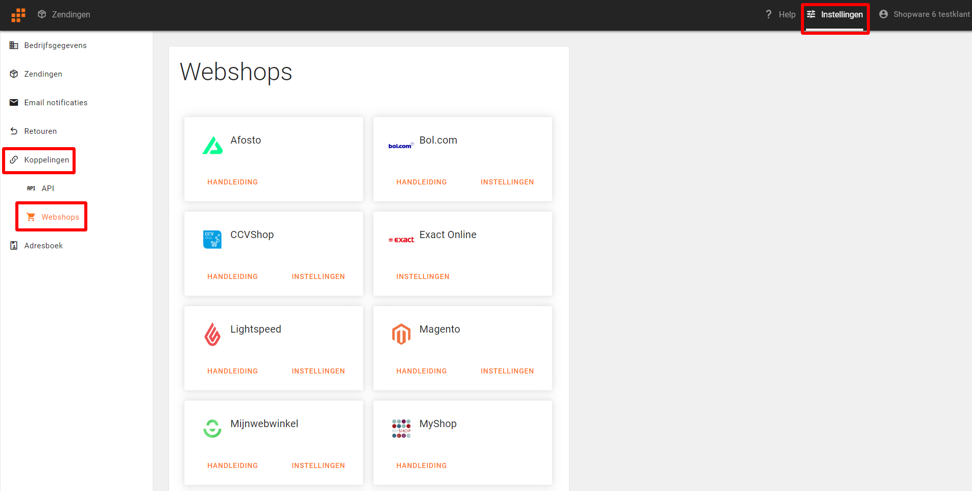 De koppelingenpagina in Veloyd met de knop Shopware Instellingen