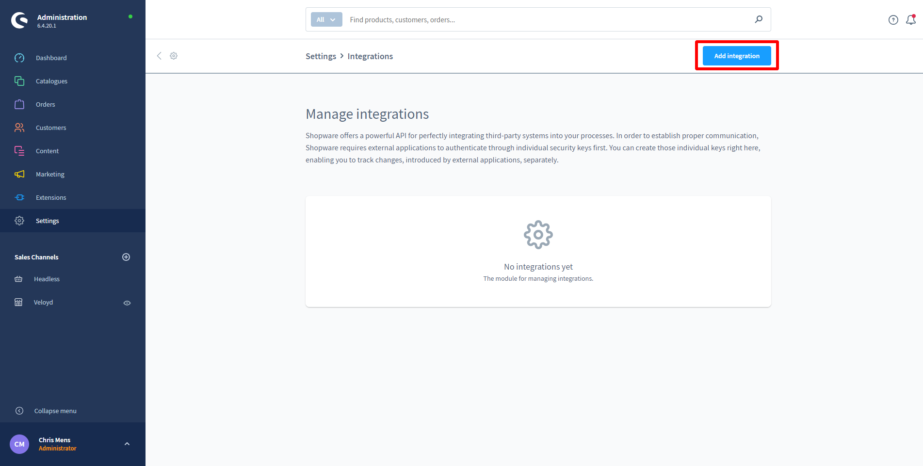 De knop Add Integration in Shopware 6