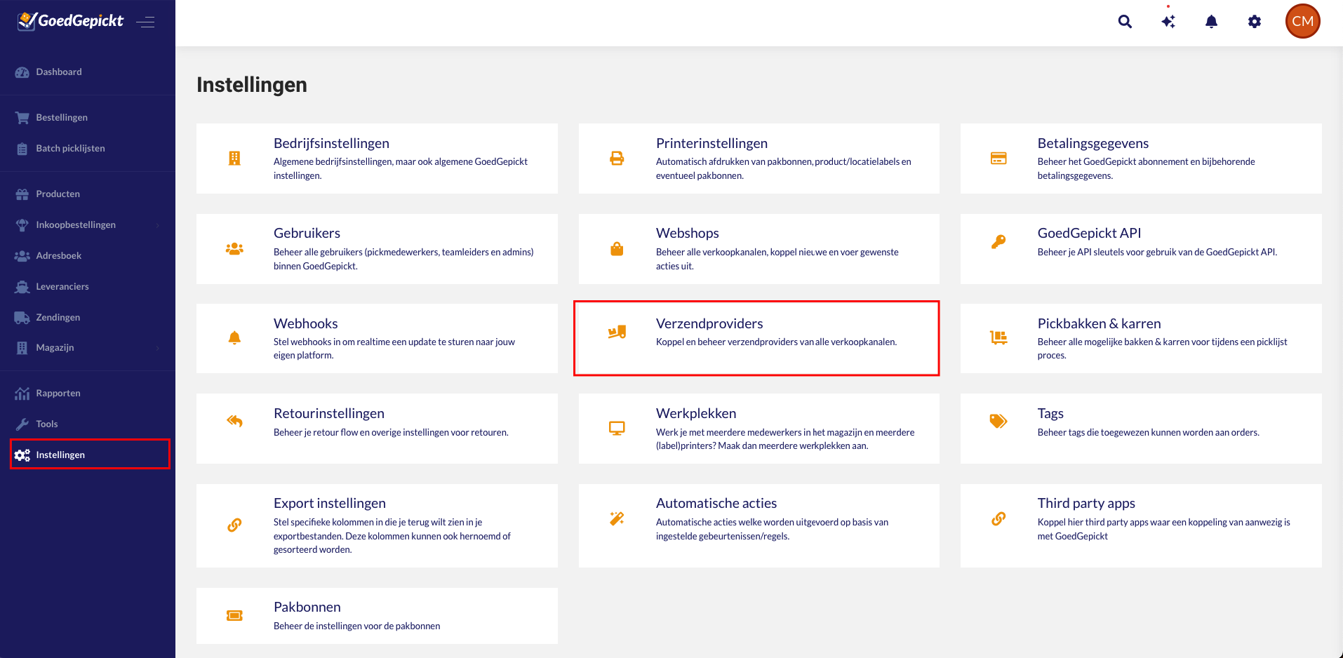 Openen van de verzendproviders
