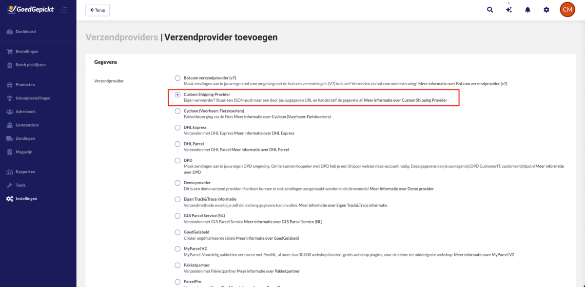 03 Custom shipping provider Custom shipping provider selecteren