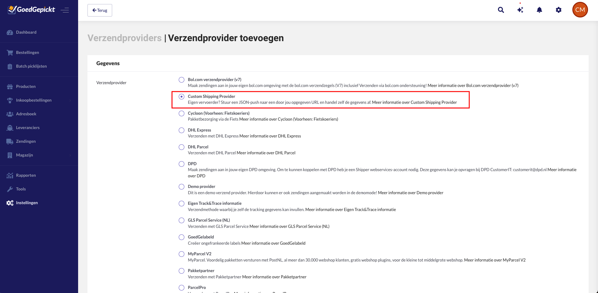 Custom shipping provider selecteren
