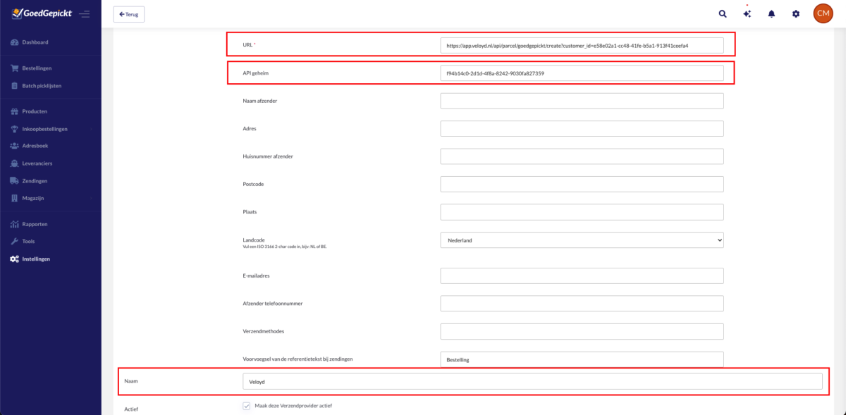 03 gegevens invullen Gegevens invullen voor custom shipping provider