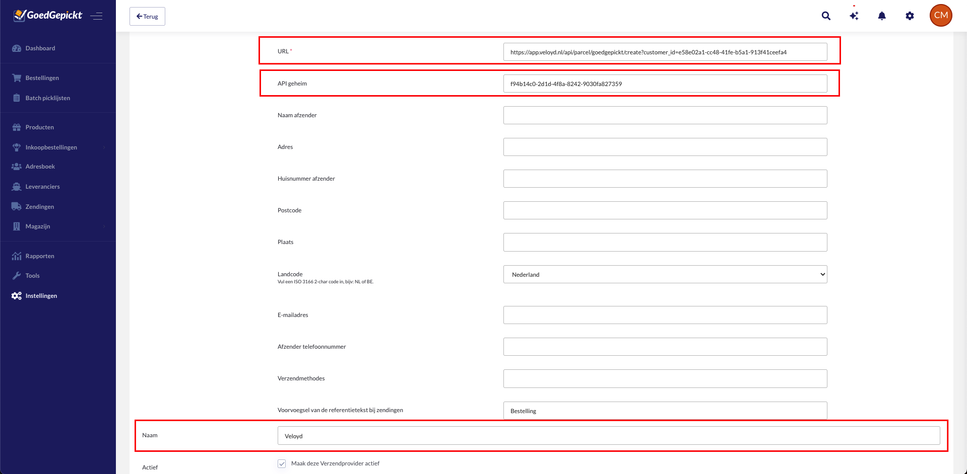Gegevens invullen voor custom shipping provider
