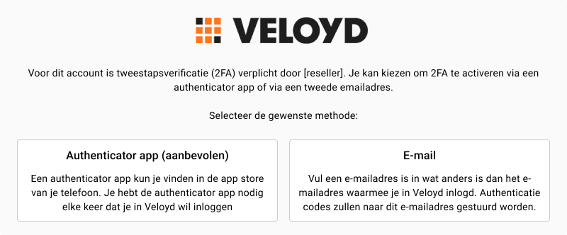 2FA keuze tussen authenticator app en email