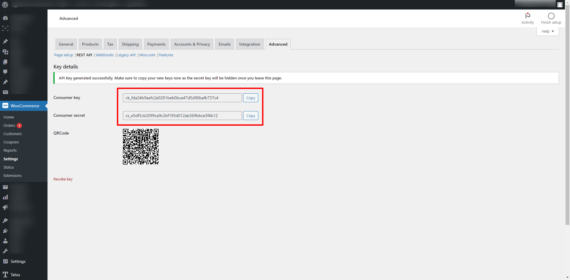 Het scherm in WooCommerce met de aangemaakte Consumer key en Consumer secret