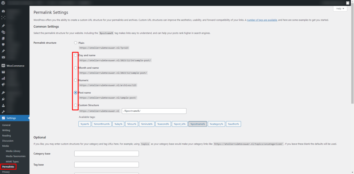 WooCommerce Veloyd WordPress settings permalink