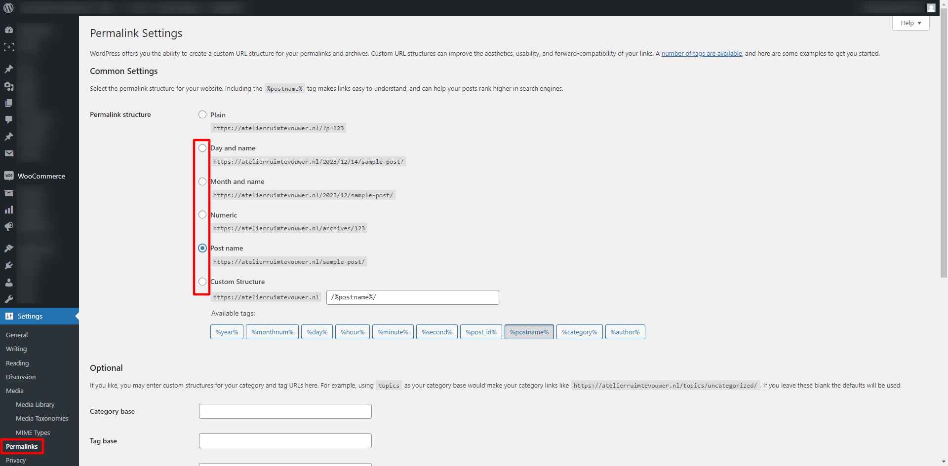 De permalinkinstellingen in WordPress met een andere keuze dan Plain