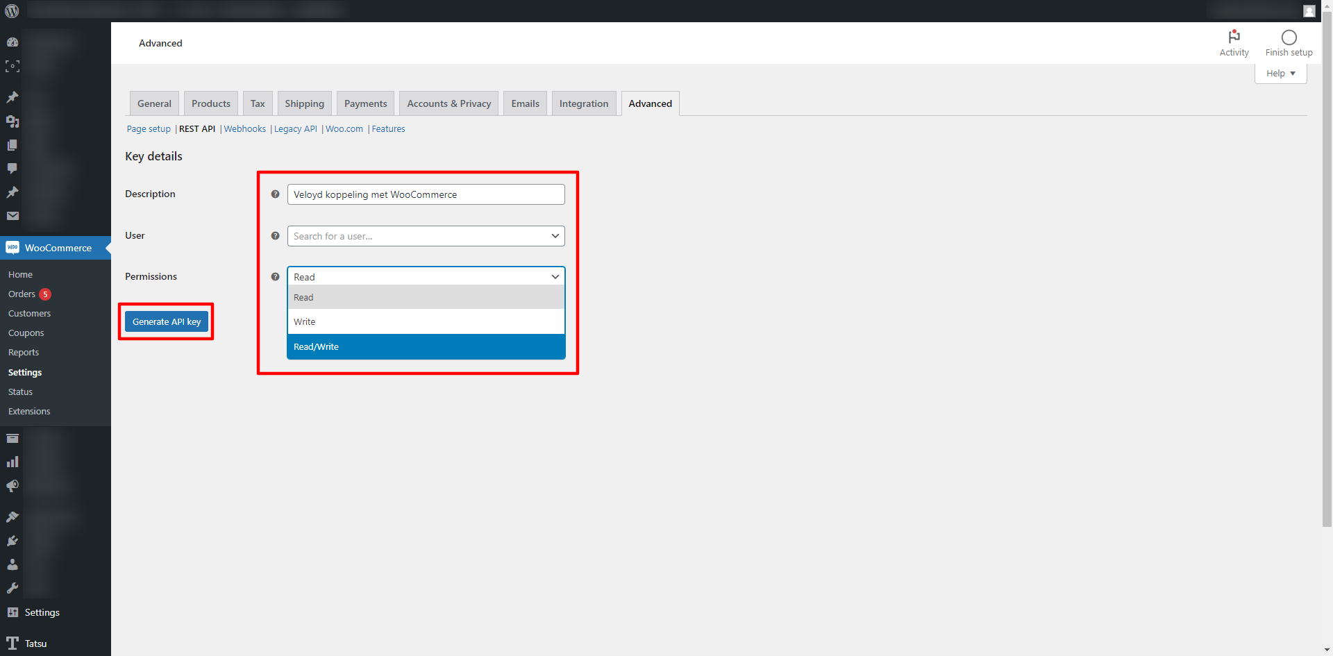 Het formulier in WooCommerce waarin je de rechten Lezen en Schrijven kiest voor de API key