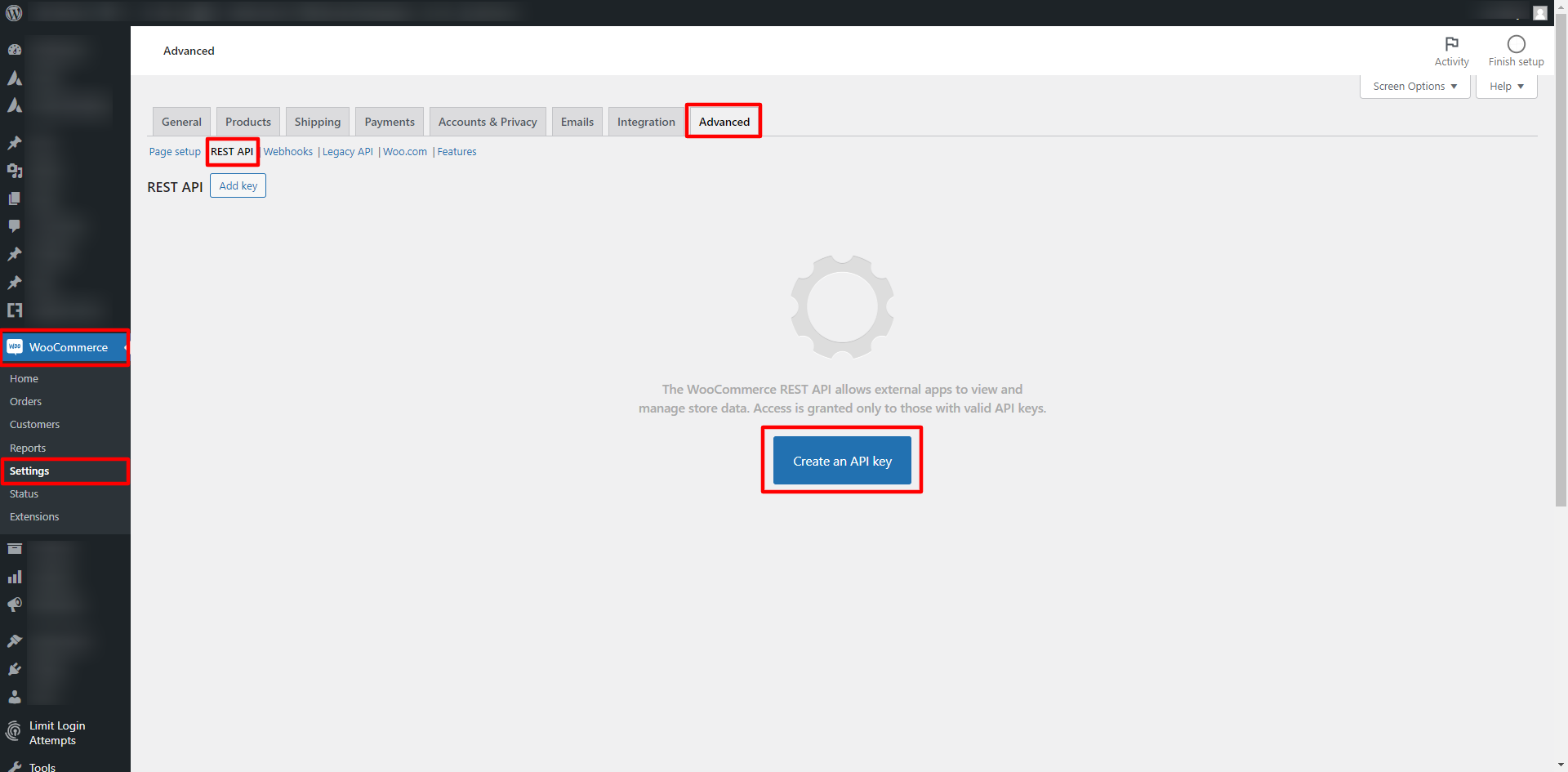 De pagina Settings, Advanced, REST API in WooCommerce met de link Create an API key