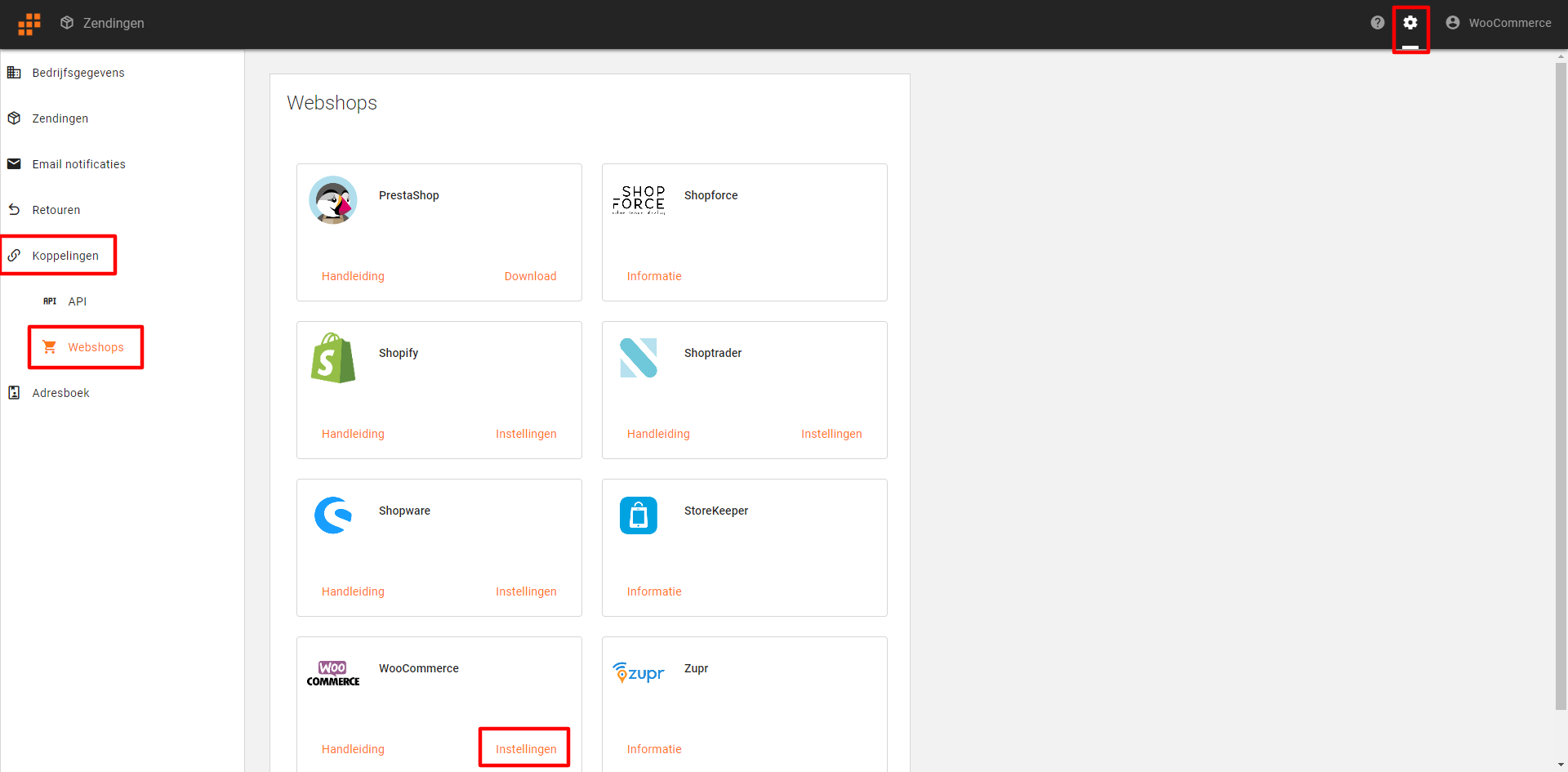 De koppelingenpagina in Veloyd met onder het WooCommerce logo de knop Instellingen