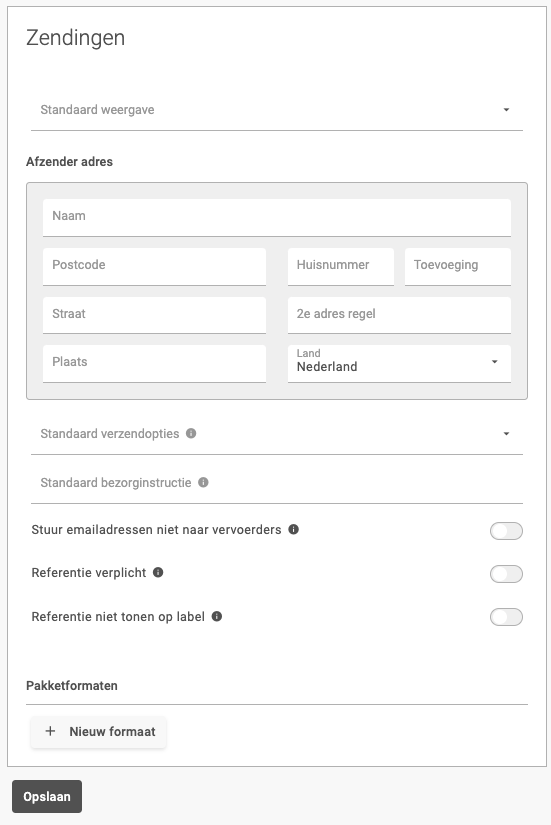 Zending instellingen