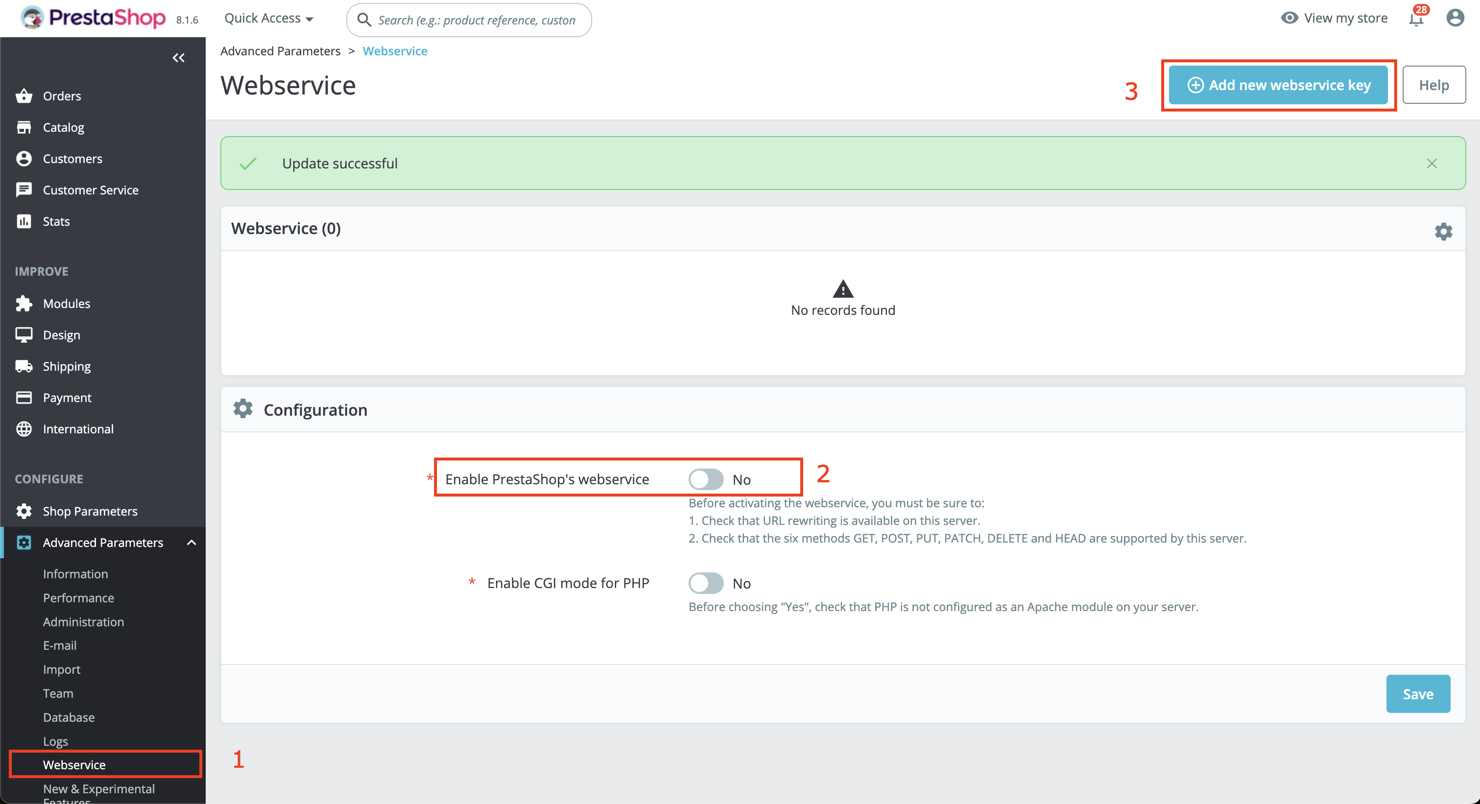 De webservicepagina in PrestaShop met de knop Add new webservice key