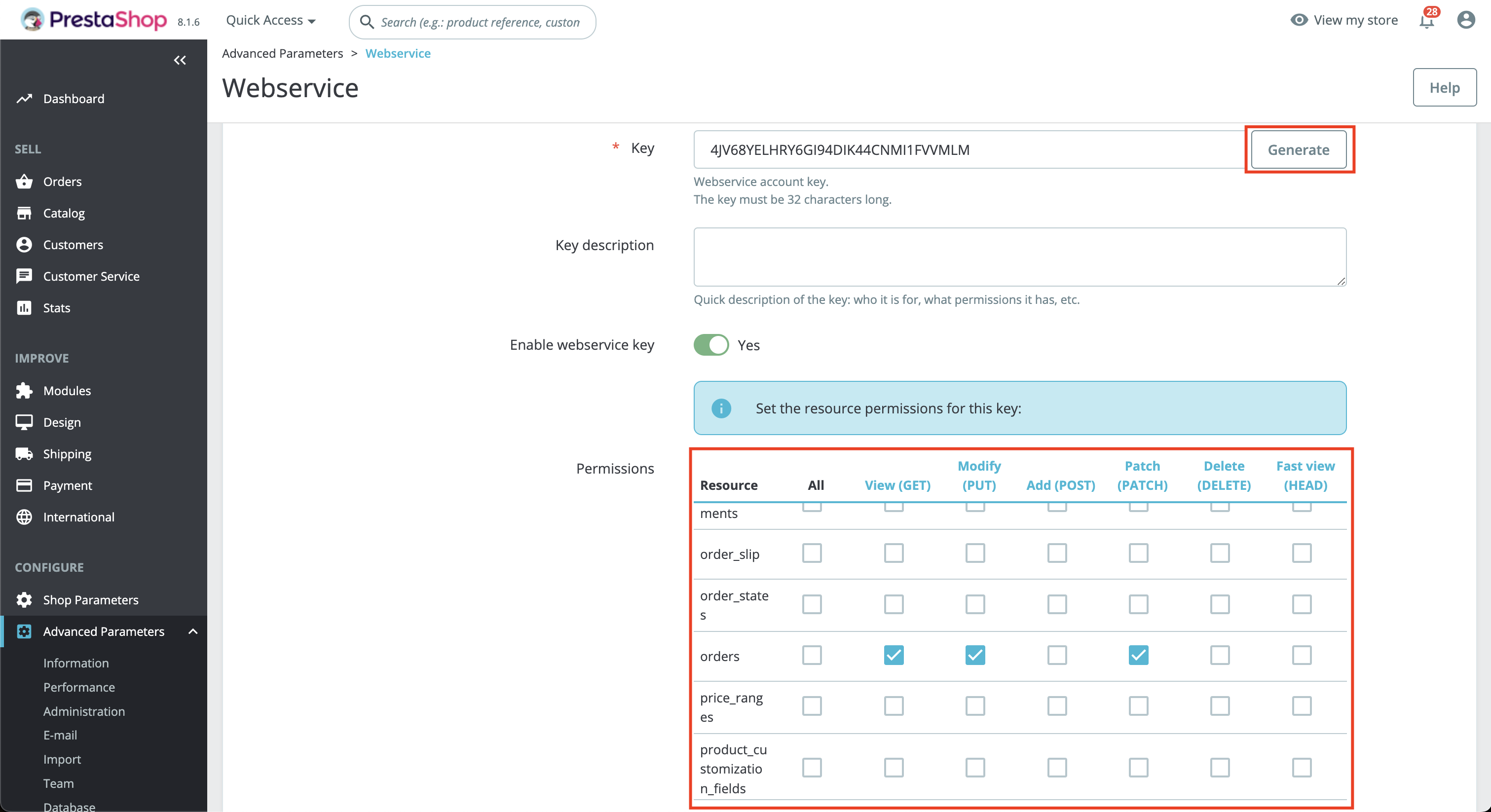 De rechtenlijst van de webservice key met Products op View en Patch