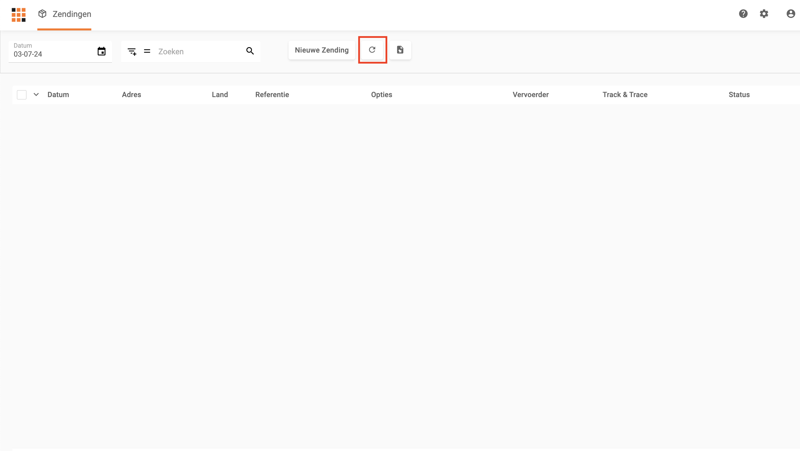Het zendingenoverzicht in Veloyd met de zendingen die uit de webshop zijn binnengehaald
