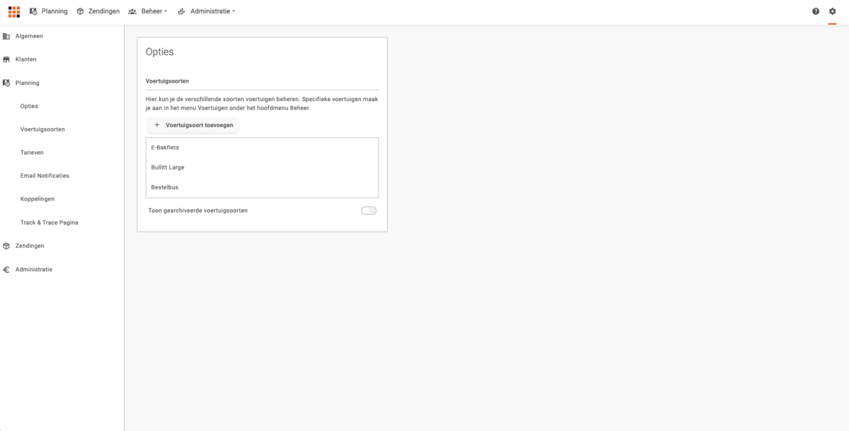 Voertuigsoorten instellingen Voertuigsoorten instellingen