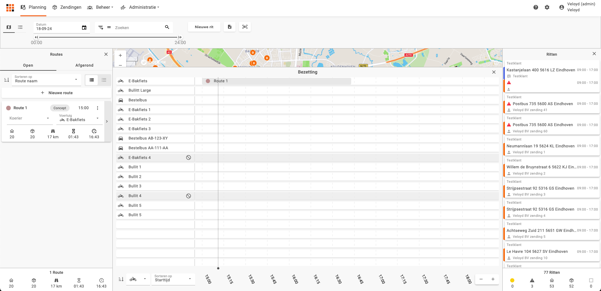 Het bezettingspaneel op volledige grootte met de geplande routes in de tijdlijn