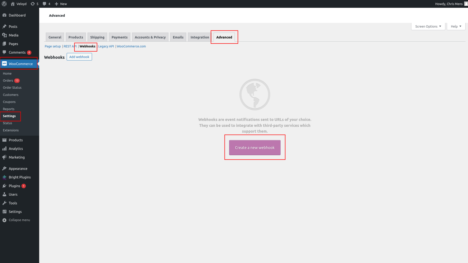 De pagina Webhooks in de webshop met de knop Add webhook