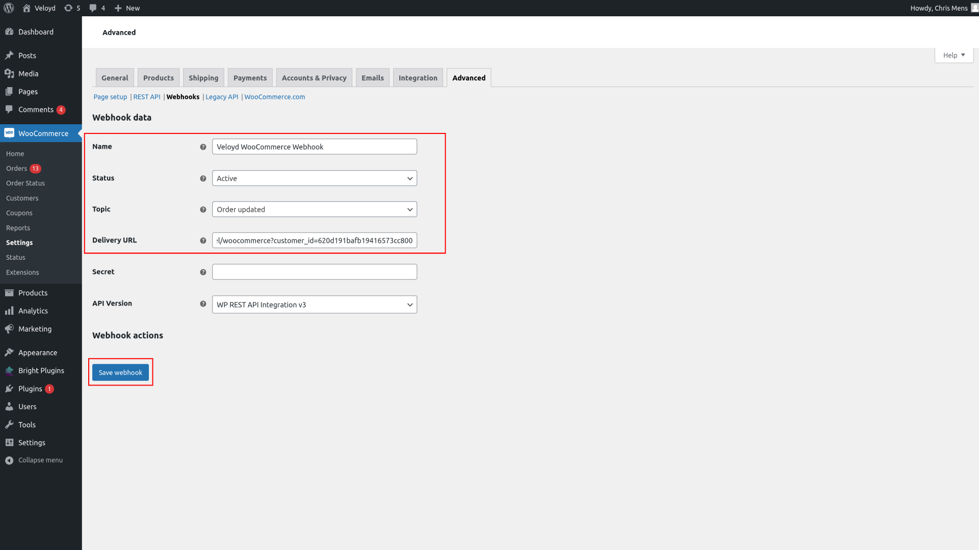 Het webhookformulier met de ingevulde velden en de knop Save webhook