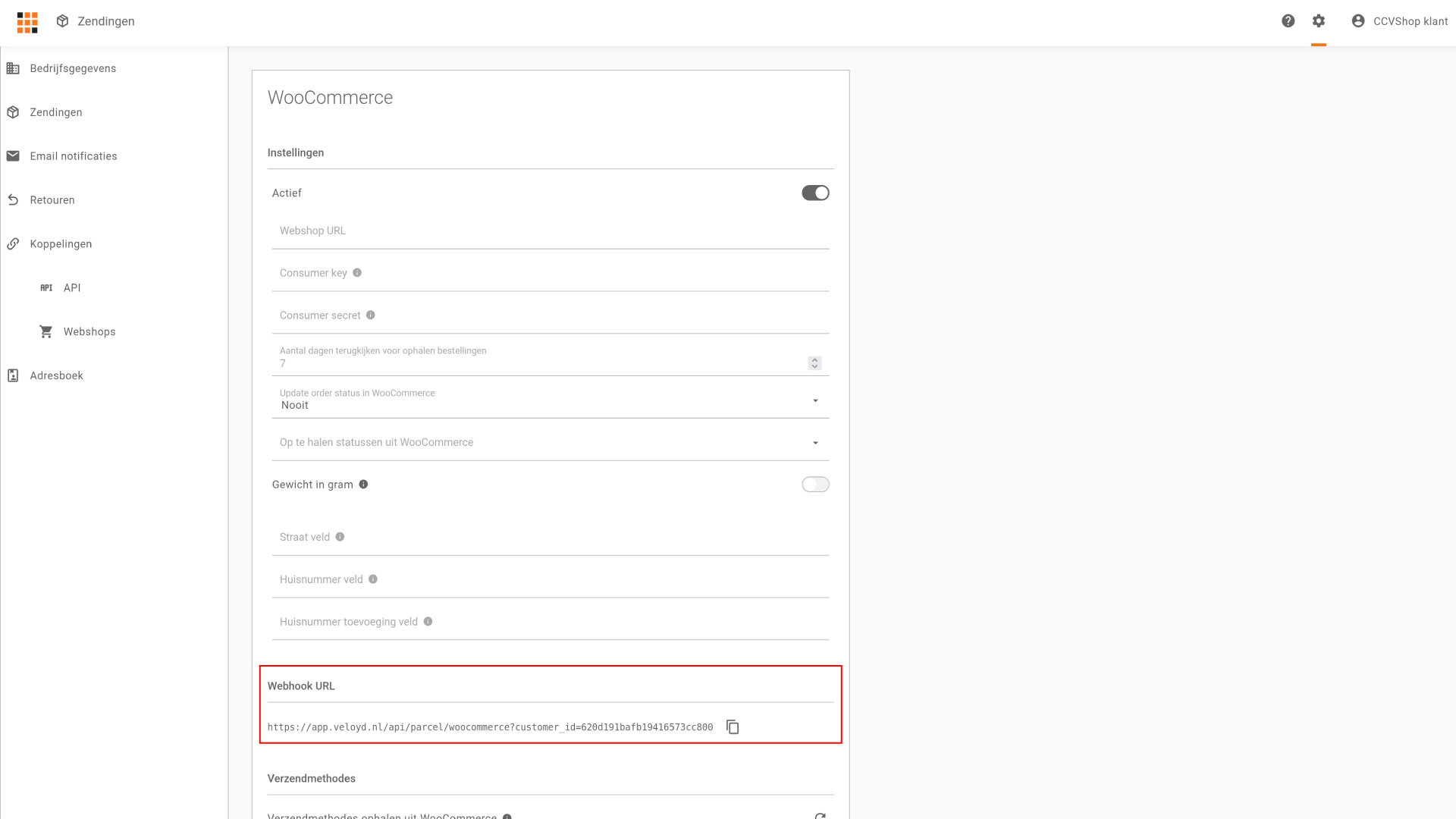 Het veld in Veloyd met de webhook URL die de webshop moet aanroepen
