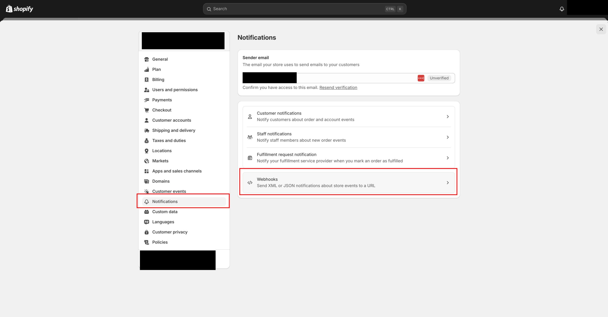 De pagina Notifications met het onderdeel Webhooks in Shopify