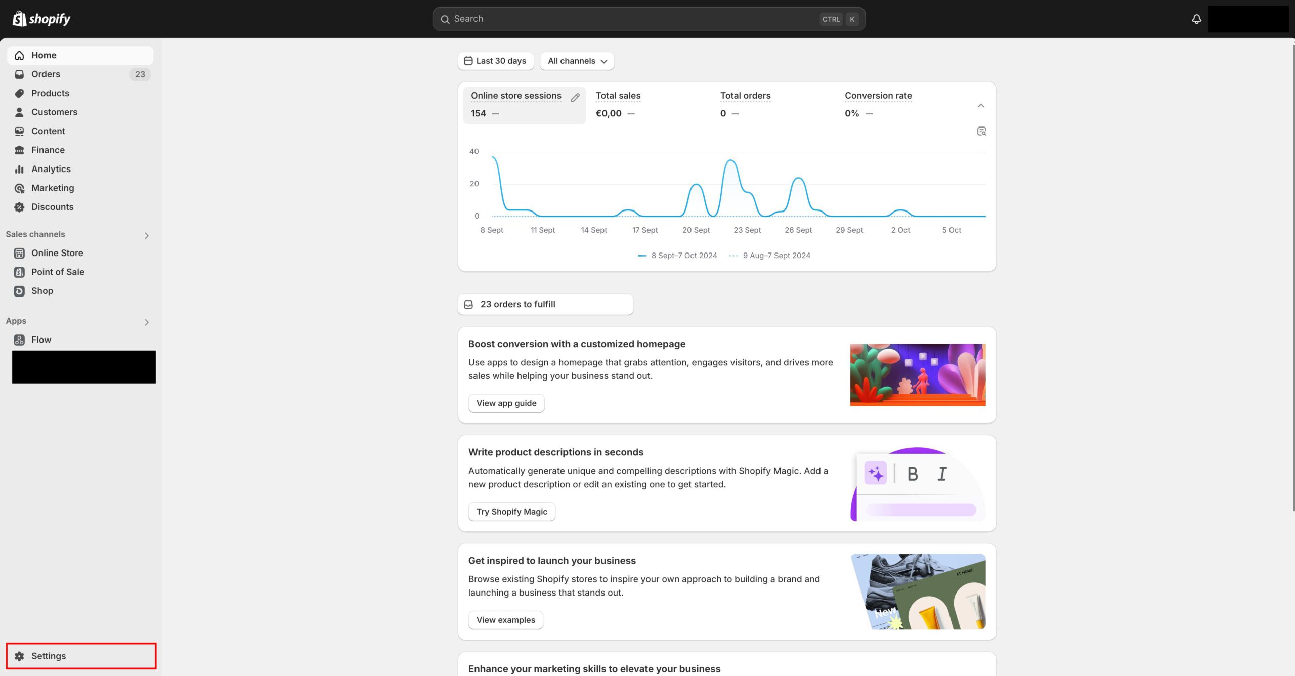 Het menu Settings in de Shopify omgeving