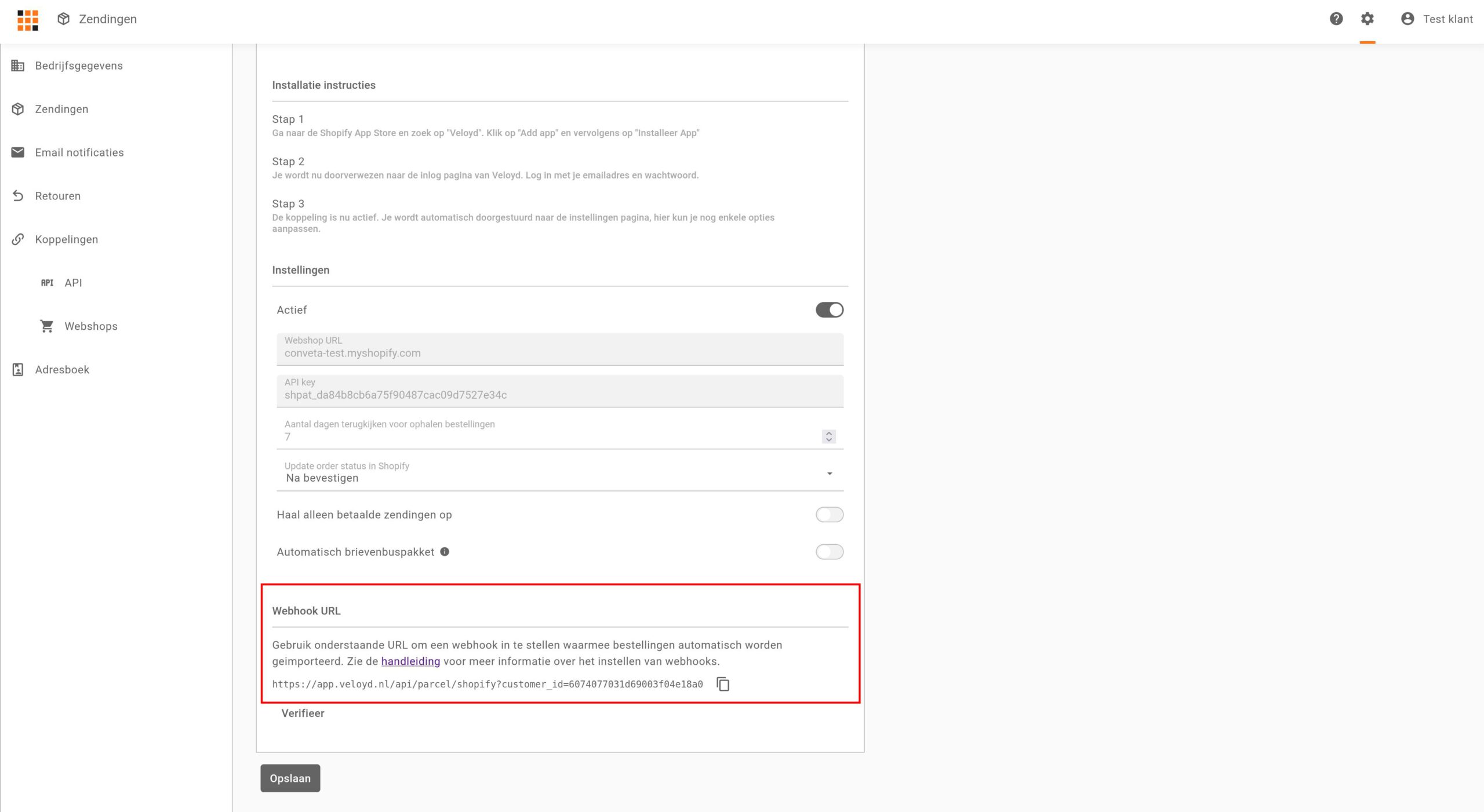 De webhook URL in Veloyd die in Shopify moet worden ingevuld