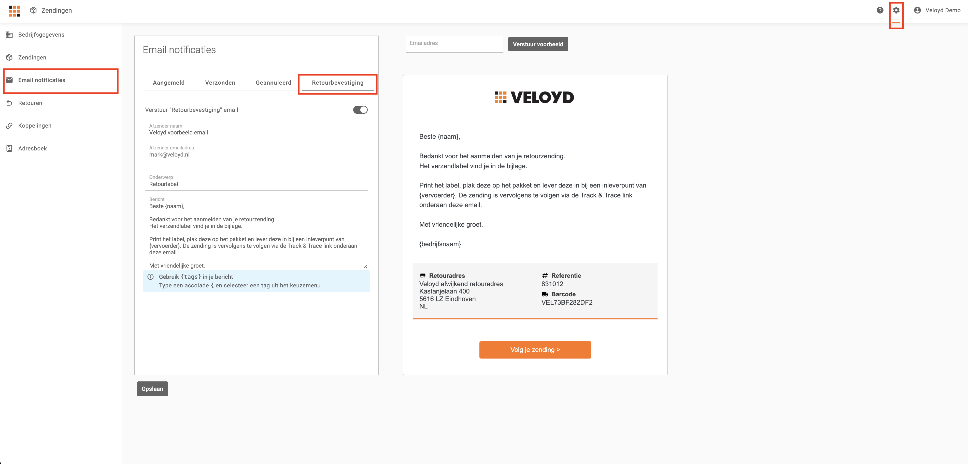 Retourpotaal emailbevestiging