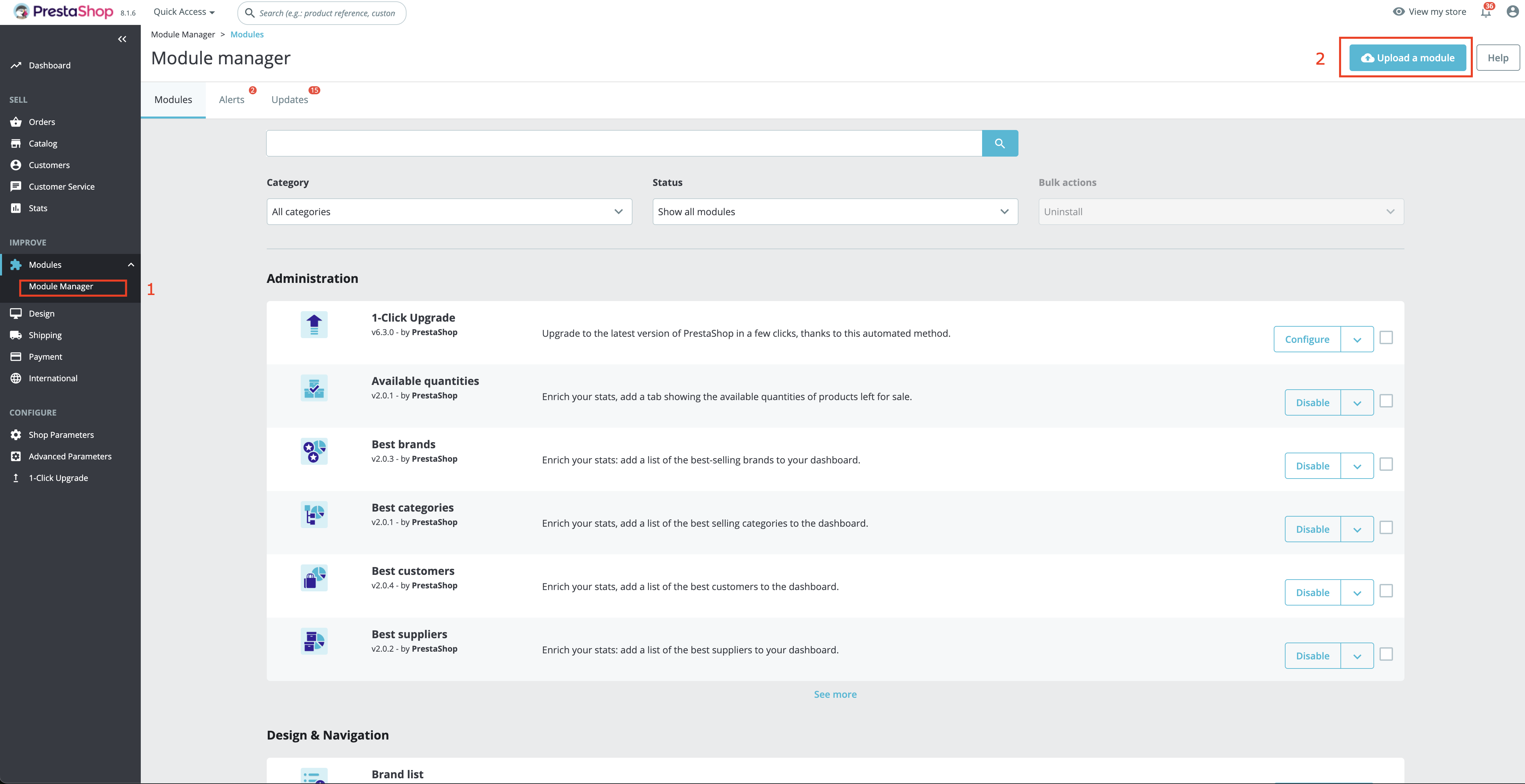 De Module Manager in PrestaShop met de optie Upload Module