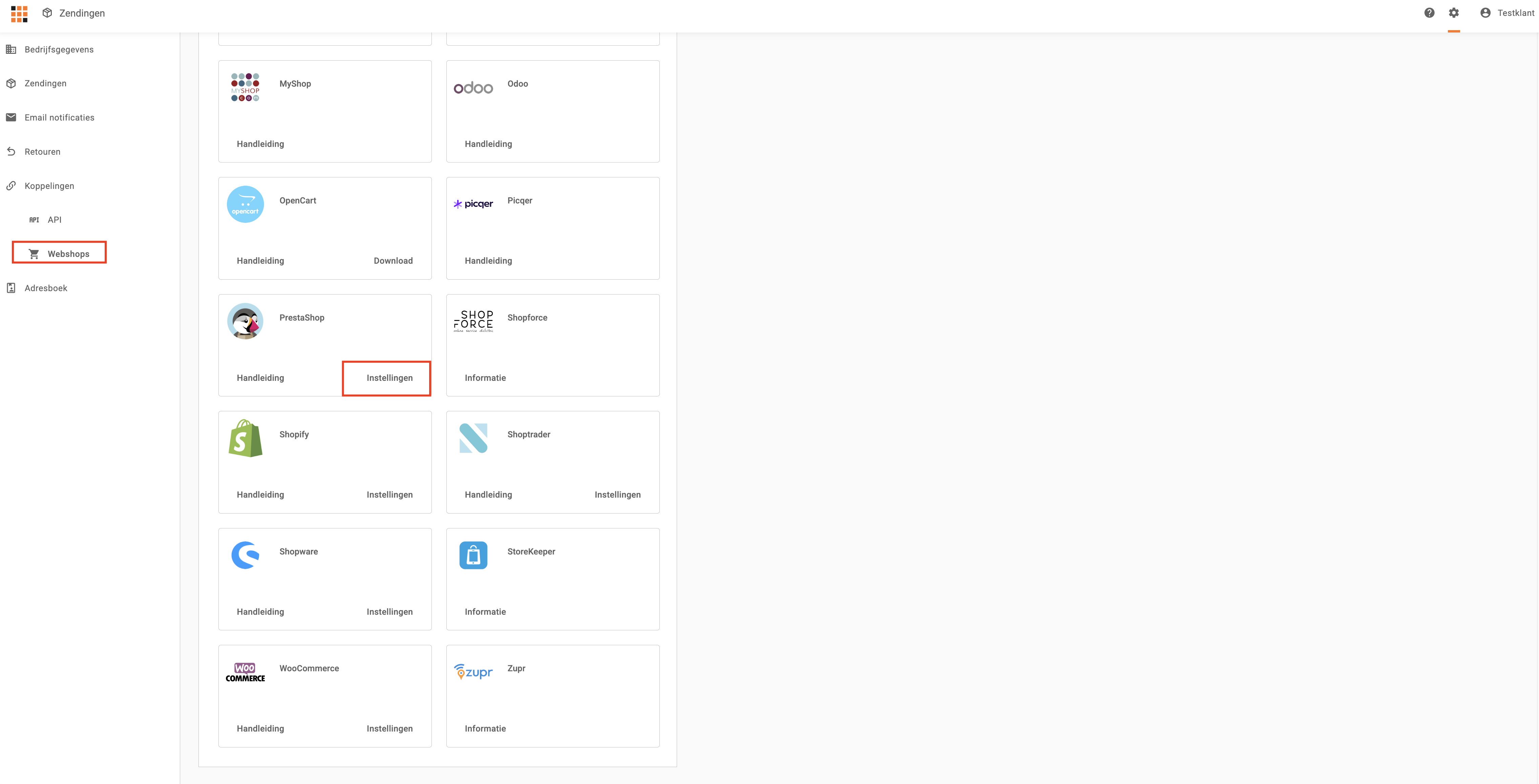 De koppelingenpagina in Veloyd met onder het PrestaShop logo de knop Instellingen
