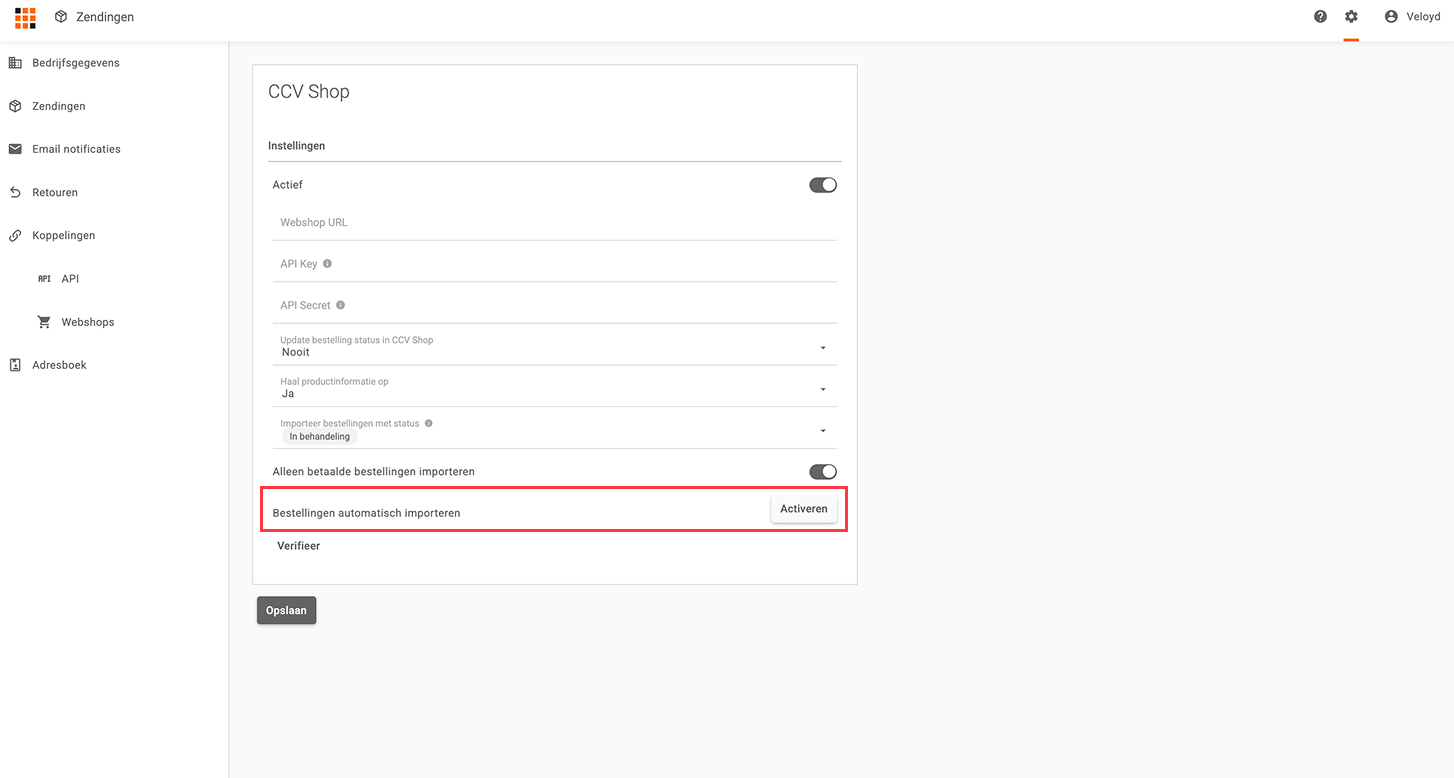 De webhookinstelling van de CCV Shop koppeling